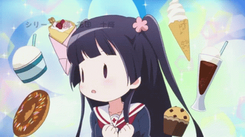 Escena de Wakaba Girl: Una chica intentando elegir entre muchos postres diferentes.
