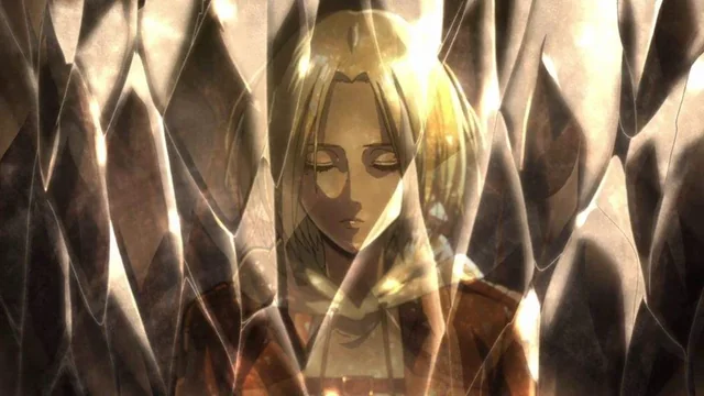 Escena de Attack on Titan - Annie Leonhart encapsulada en un cristal.