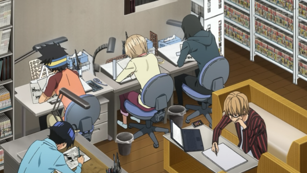 Escena de Bakuman - Chicas trabajando en una oficina.