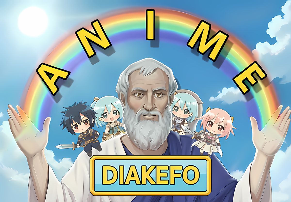 Un filósofo griego, con personajes anime en sus hombros, creando un arcoiris con sus manos. El arcoiris contiene la palabra "anime".